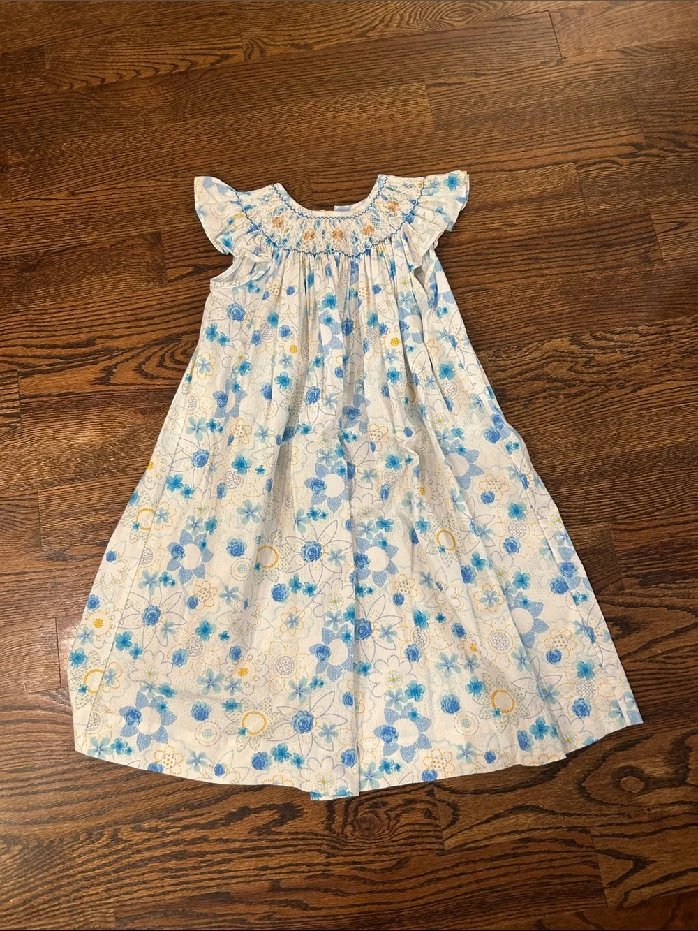 Smocked Floral Blue & White Girls' Formal Dress